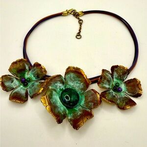 Elaine Coyne- Verdigris Patina Flowers Necklace Chrysocolla stones s
